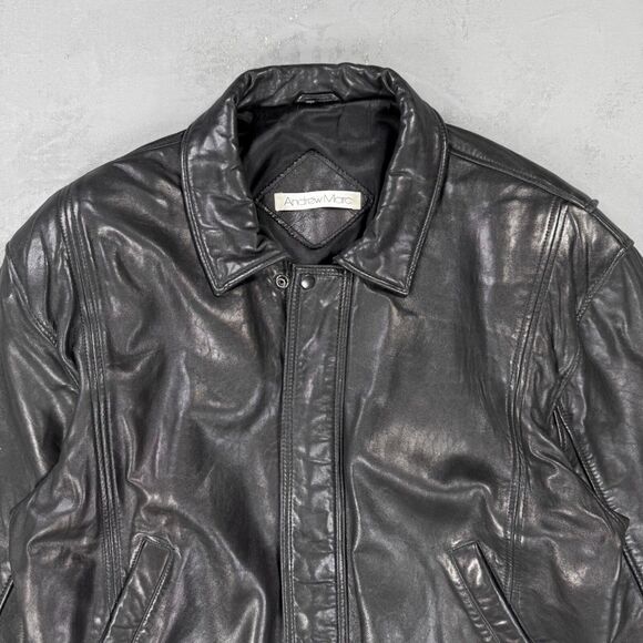 Vintage 1980s Andrew Marc Black Leather Bomber Jacket Men's XL - Picture 2 of 6